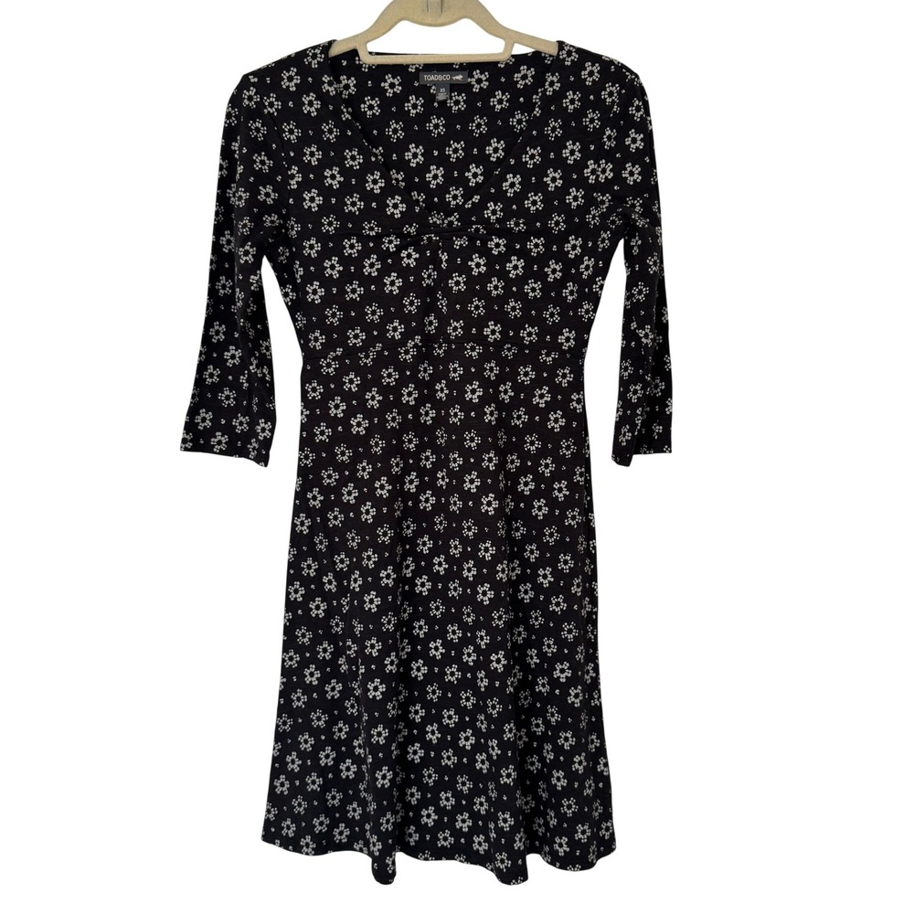 Toad&Co Dress Womens XS Black Floral Organic Cotton 3/4 Sleeve Granola Gorp